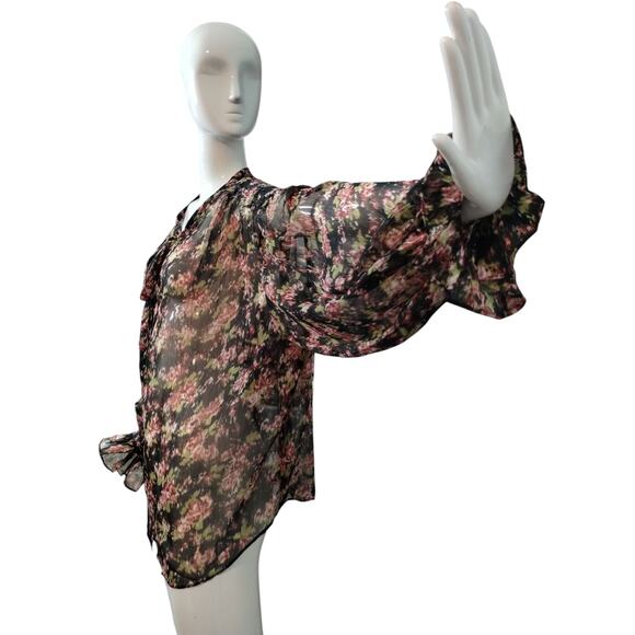 Mango MNG Women's size 3X Sheer Floral Bow Tie Puff Ruffle Sleeve Carol Blouse - Picture 6 of 12